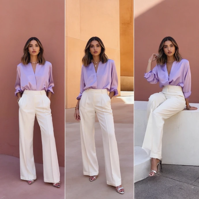 Three side-by-side photos of a woman modeling a lavender blouse with cream high-waisted wide-leg trousers, styled with heeled sandals against soft peach and beige architectural backgrounds.