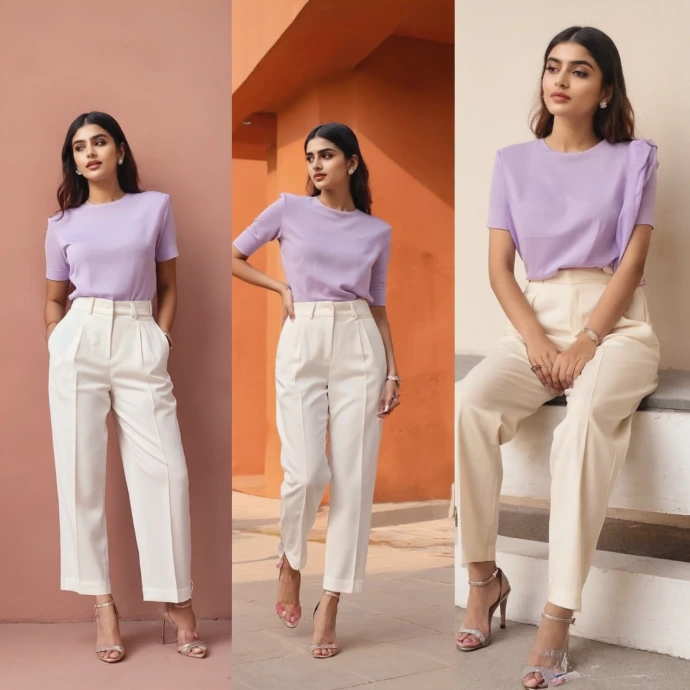 Three side-by-side photos of a woman modeling a light purple short-sleeve top with cream tailored trousers and heeled sandals, posing against peach and orange architectural backgrounds.