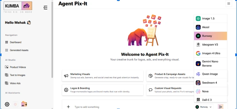 Screenshot of the Kumba AI “Agent Pix-It” dashboard showing a welcome screen with creative tool categories and a model selection dropdown open, highlighting Runway among multiple AI image models.