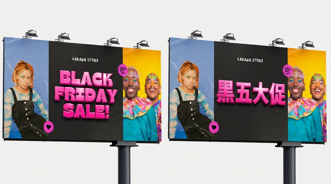 Side-by-side digital billboard mockups for Larana Store featuring a Black Friday sale campaign, with one design in English reading “Black Friday Sale!” and the other in Chinese, both showing colorful portraits and a 20% off badge.