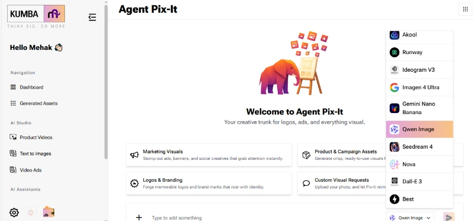 Screenshot of the Kumba AI dashboard showing the “Agent Pix-It” interface, with a welcome message, creative tool categories (Marketing Visuals, Product & Campaign Assets, Logos & Branding, Custom Visual Requests), a left sidebar navigation menu, and a model selection dropdown highlighting Qwen Image among other AI models.