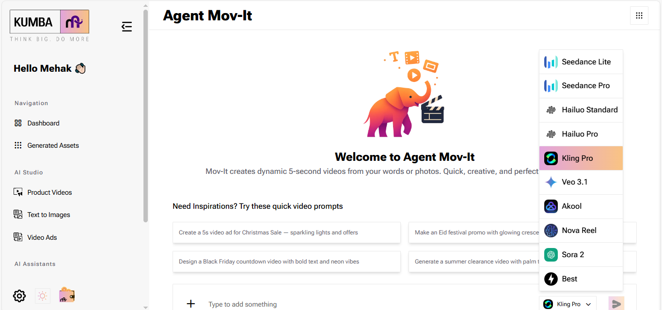 Kumba AI's Agent Mov-It interface showing Kling Pro selected from a dropdown list of AI video generation models including Seedance, Hailuo, Veo 3.1, Akool, Nova Reel, and Sora 2 — for creating dynamic 5-second marketing videos from text or photos.