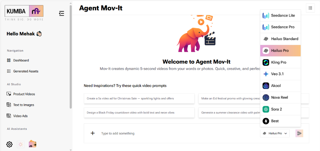 Kumba AI's Agent Mov-It interface showing Hailuo Pro selected from a dropdown list of AI video generation models including Seedance, Kling Pro, Veo 3.1, Akool, Nova Reel, and Sora 2 — for creating marketing videos from text or photos