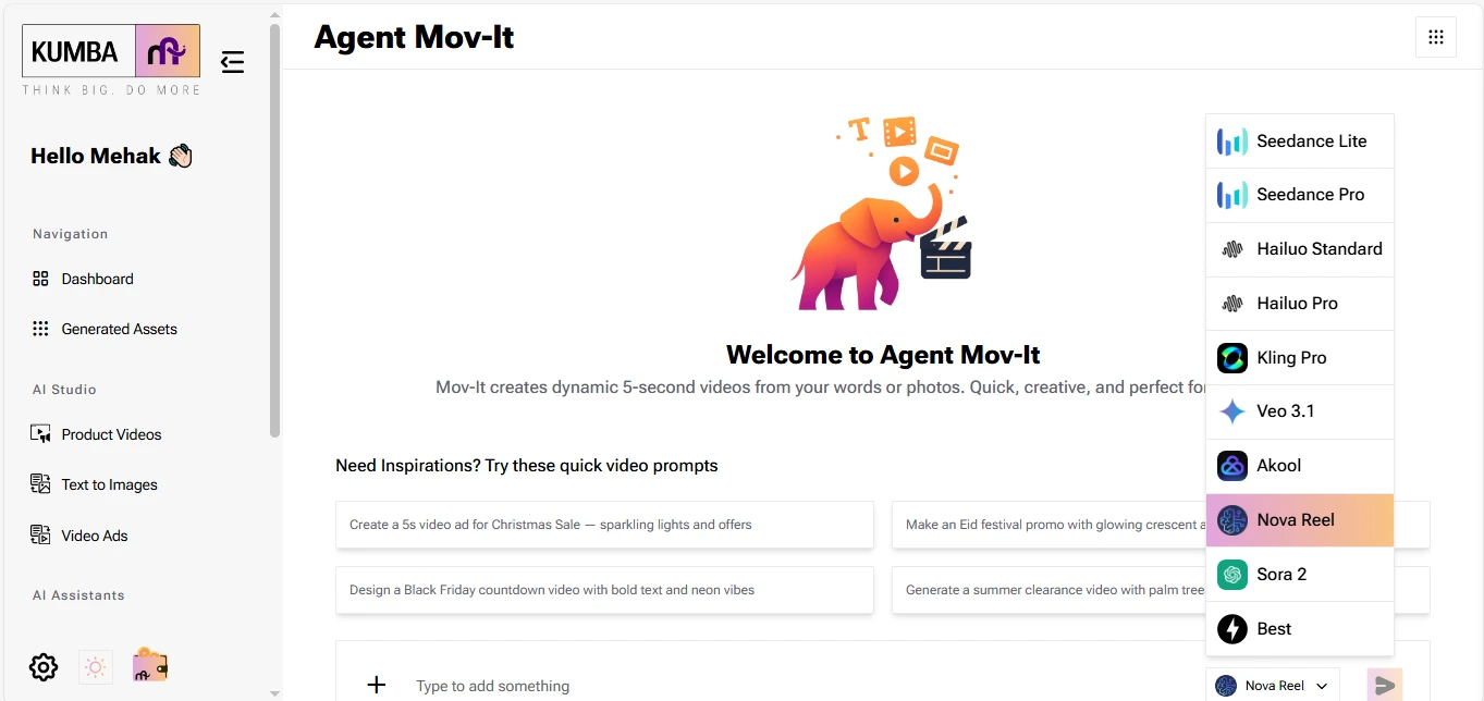 Kumba AI's Agent Mov-It interface displaying a dropdown menu of AI video generation models — including Amazon Nova Reel, Sora 2, Kling Pro, Veo 3.1, Akool, Hailuo, and Seedance — for creating marketing videos from text or photos
