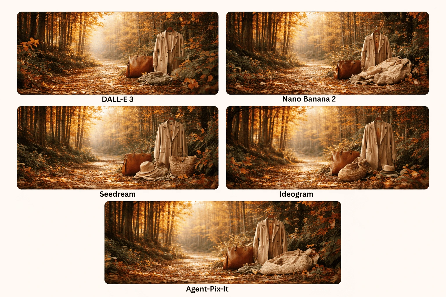 AI-generated autumn fashion lifestyle images featuring a beige trench coat, leather bag, and accessories on a sunlit forest path, compared across DALL-E 3, Nano Banana 2, Seedream, Ideogram, and Agent-Pix-It