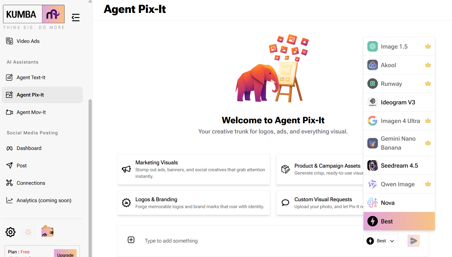 Screenshot of the Kumba AI Agent-Pix-It dashboard showing AI image model options including GPT Image 1.5, Akool, Runway, Ideogram V3, Imagen 4 Ultra, Gemini Nano Banana, Seedream 4.5, Qwen Image, and Nova, with the Best model selector highlighted