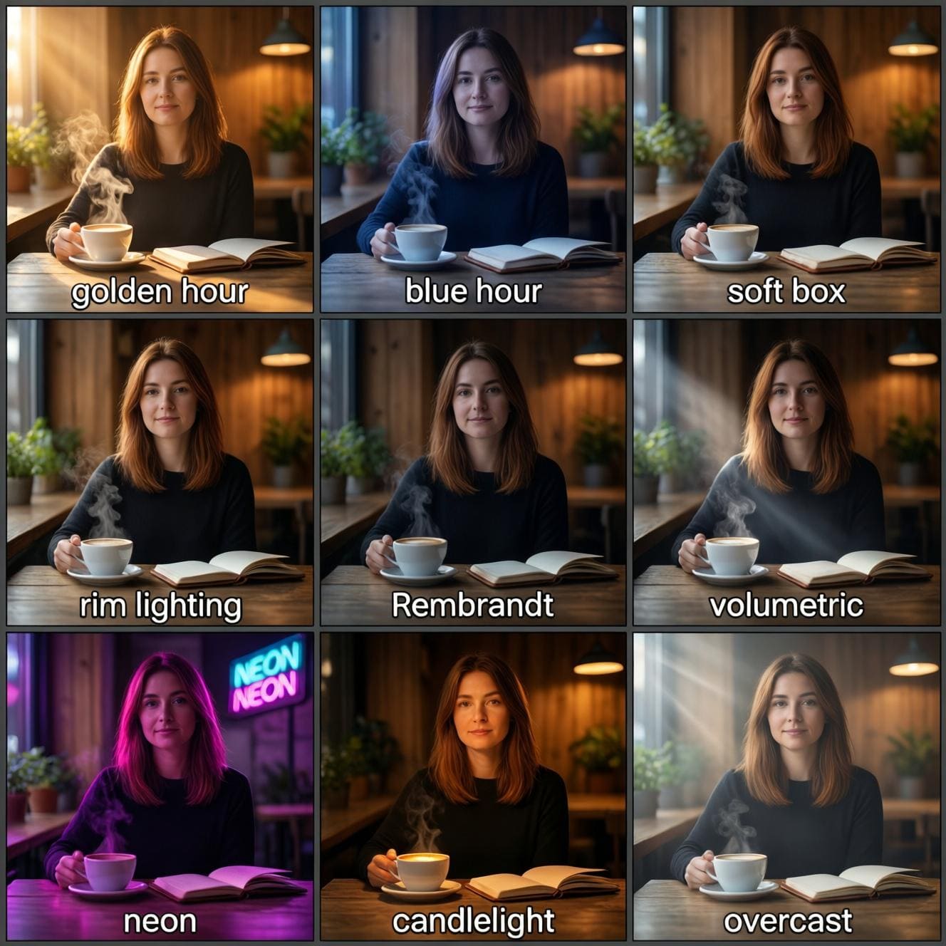 Nine-panel lighting comparison grid showing the same woman at a cafe table generated with nine different AI lighting styles — golden hour, blue hour, soft box, rim lighting, Rembrandt, volumetric, neon, candlelight, and overcast