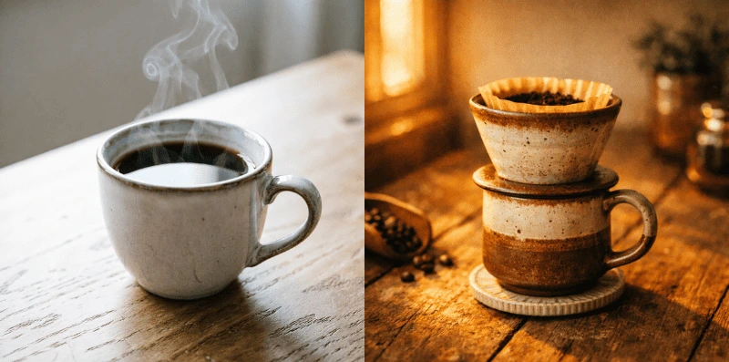 Side by side coffee prompt comparison — plain white ceramic mug with steam on a wooden table on the left, and a styled artisan pour-over coffee setup in warm golden hour light on the right