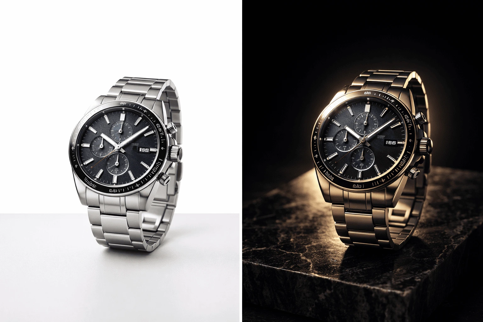 Two AI-generated luxury chronograph watch product shots — clean white studio background on the left and dramatic dark stone surface with warm rim lighting on the right