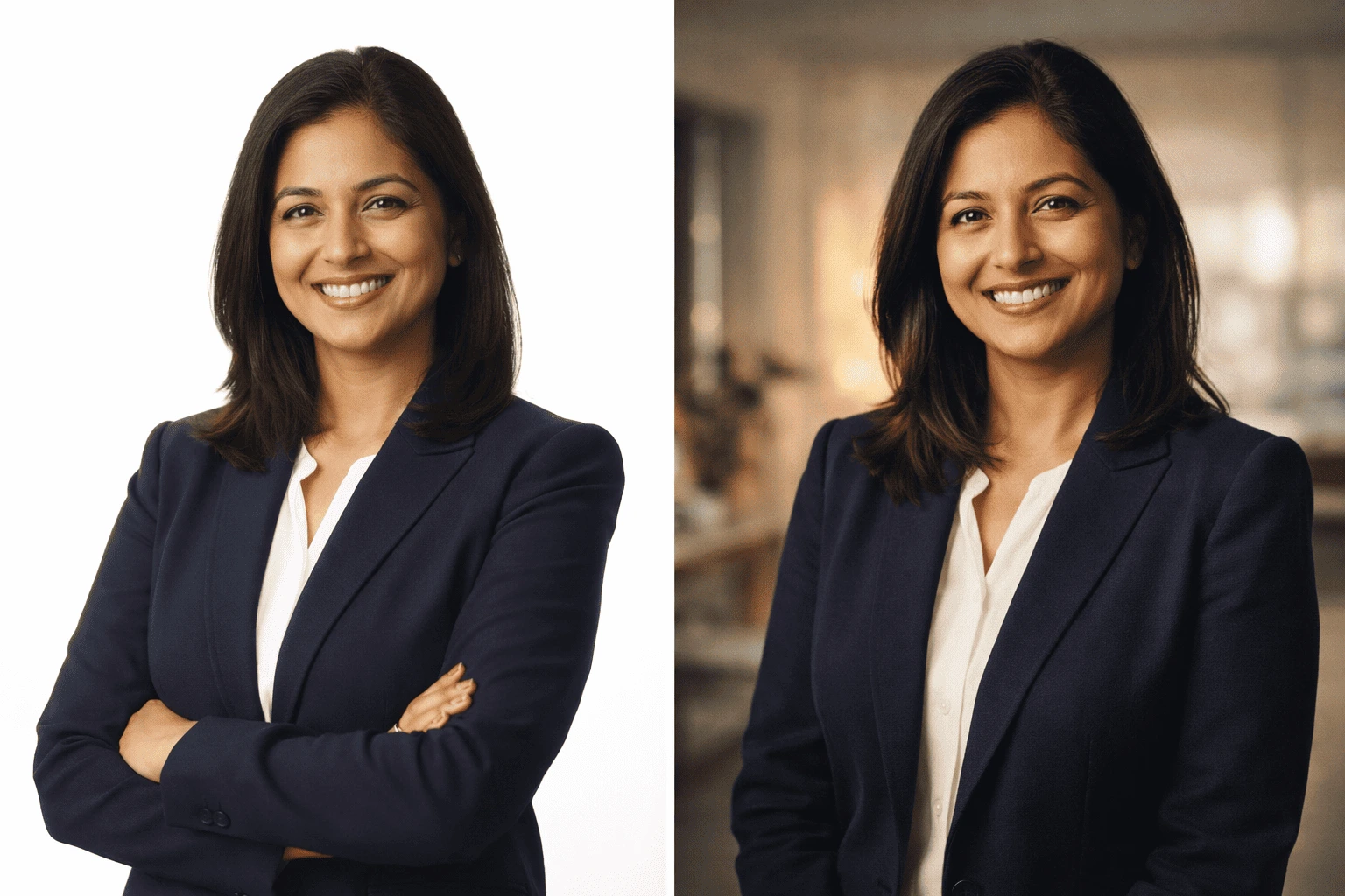 Two AI-generated professional headshots of a South Asian businesswoman in a navy blazer — plain white background on the left and warm blurred office environment on the right