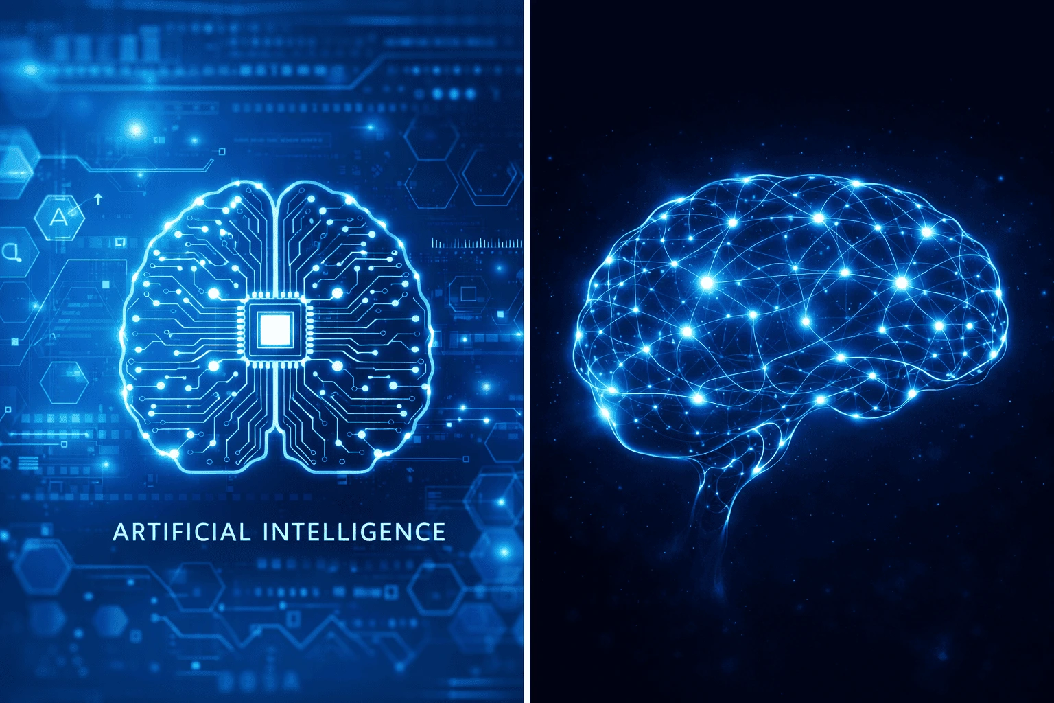 Two AI brain concept illustrations side by side — a circuit board brain with glowing nodes on blue background and a neural network brain outline with connected points on dark navy