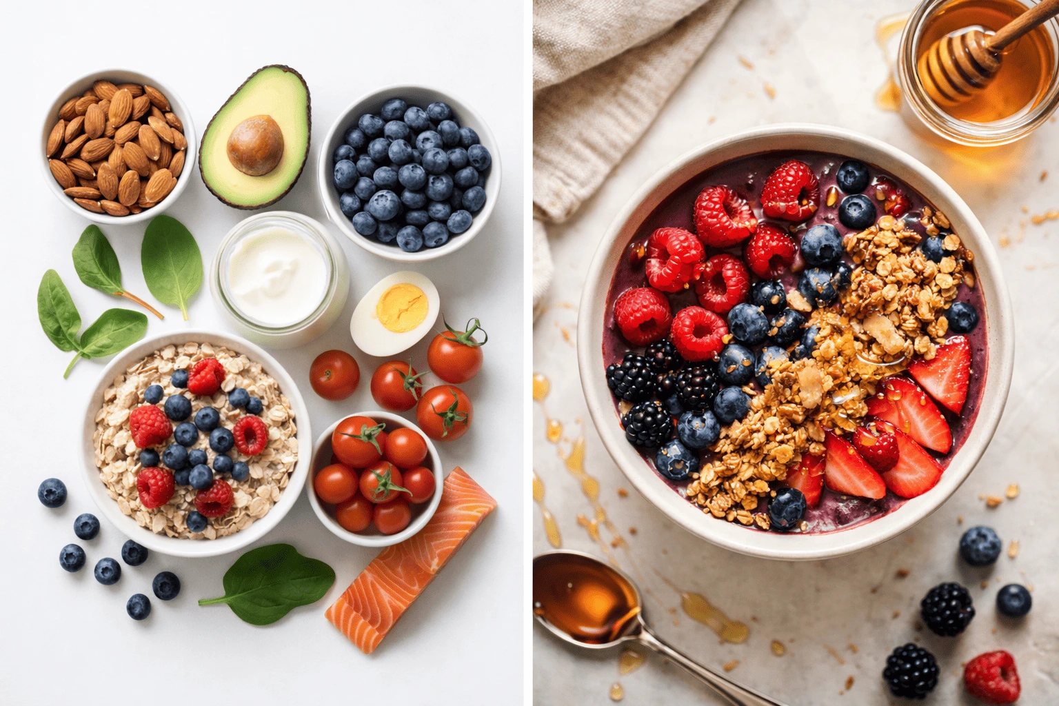 Flat lay of healthy breakfast ingredients including almonds, avocado, blueberries and oats beside a vibrant acai smoothie bowl topped with fresh berries and granola