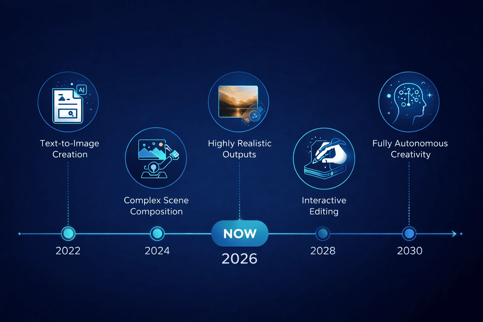 Timeline infographic showing the evolution of AI image generation from 2022 to 2030, highlighting milestones like text-to-image creation, complex scene composition, realistic outputs in 2026, interactive editing, and autonomous AI creativity.