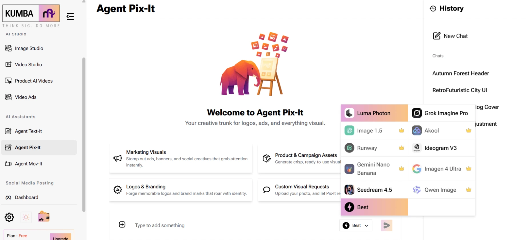 Screenshot of Kumba Agent Pix-It interface showing AI image generation workspace with model options including Luma Photon, Ideogram V3, Imagen 4 Ultra, and Seedream for creating marketing visuals, logos, and product images.