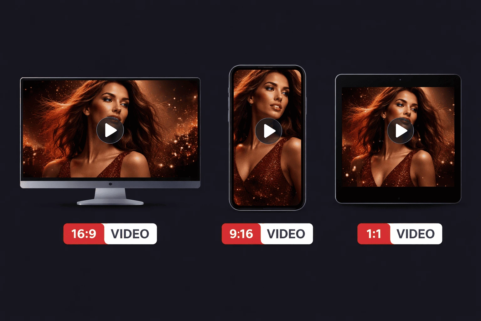 Three device mockups showing the same AI-generated video in different aspect ratios — a desktop monitor displaying 16:9, a smartphone displaying 9:16, and a tablet displaying 1:1, each with a play button overlay and a labeled badge below.