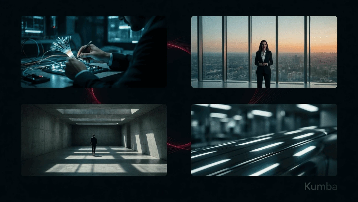 Four cinematic scenes arranged in a grid on a dark background — fiber optic cables being handled in a lab, a professional woman standing before a city skyline at sunset, a lone figure walking through a concrete corridor, and an abstract motion-blur of a modern interior, with the Kumba logo in the corner.