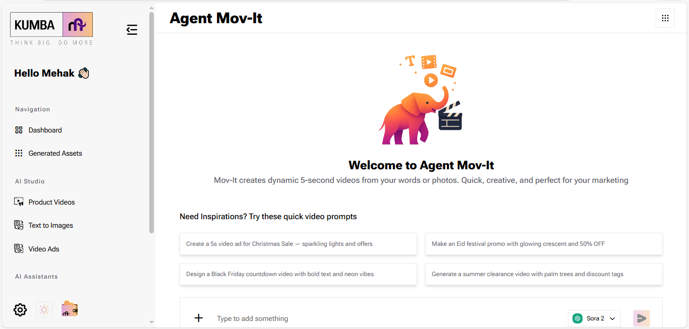 Screenshot of the Kumba AI “Agent Mov-It” dashboard showing a welcome screen for creating 5-second marketing videos, with video prompt suggestions, a left sidebar navigation menu, and a model selector set to Sora 2.  Select 64 more words to run Humanizer.